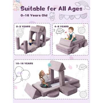 Modular Kids Play Couch, 14PCS Nugget Couch Toddler Building Fort, Versatile 500+DIY Creativing Playroom Bedroom Furniture for Playing, Creativing, Convertible Kids Sofa for Boys and Girls (Purple)