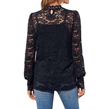 DOROSE Womens Long Sleeve Lace Tops Casual Elegant Floral Sheer Blouses Shirts Fall Black M