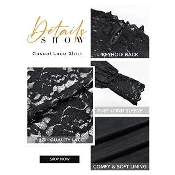 DOROSE Womens Long Sleeve Lace Tops Casual Elegant Floral Sheer Blouses Shirts Fall Black M