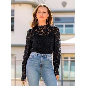 DOROSE Womens Long Sleeve Lace Tops Casual Elegant Floral Sheer Blouses Shirts Fall Black M