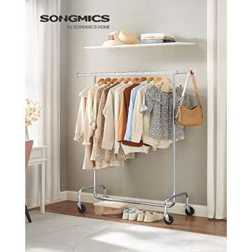SONGMICS Clothes Rack with Wheels, Heavy-Duty Garment Rack with Extendable Hanging Rod, 286.6 lb Load Capacity, Clothing Rack for Hanging Clothes, All Metal, Chrome-Plated, Silver UHSR11S