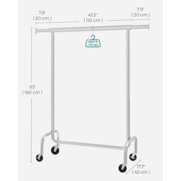 SONGMICS Clothes Rack with Wheels, Heavy-Duty Garment Rack with Extendable Hanging Rod, 286.6 lb Load Capacity, Clothing Rack for Hanging Clothes, All Metal, Chrome-Plated, Silver UHSR11S