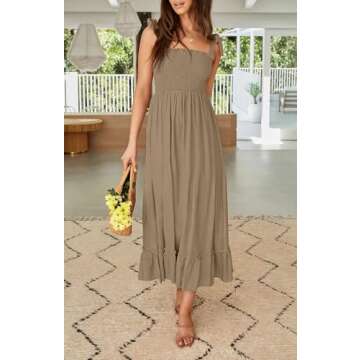 ZESICA Women's Summer Boho Spaghetti Strap Square Neck Solid Color Ruffle A Line Beach Long Maxi Dress,Khaki,Small