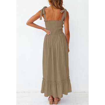 ZESICA Women's Summer Boho Spaghetti Strap Square Neck Solid Color Ruffle A Line Beach Long Maxi Dress,Khaki,Small