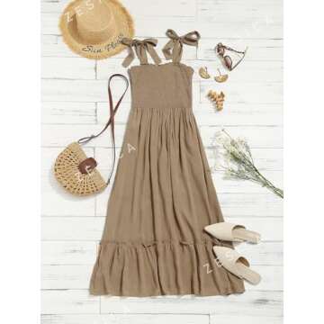 ZESICA Women's Summer Boho Spaghetti Strap Square Neck Solid Color Ruffle A Line Beach Long Maxi Dress,Khaki,Small