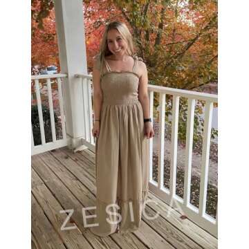 ZESICA Women's Summer Boho Spaghetti Strap Square Neck Solid Color Ruffle A Line Beach Long Maxi Dress,Khaki,Small