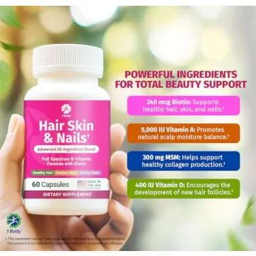 1 Body Hair Skin and Nails Vitamins with Biotin – Contains 26 Vitamins, Minerals and Herb Extracts...
