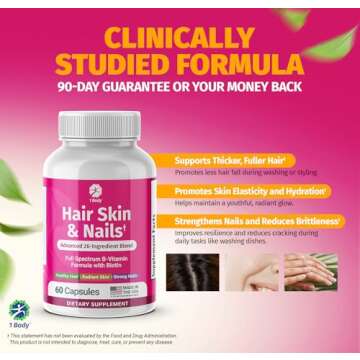 1 Body Hair Skin and Nails Vitamins with Biotin – Contains 26 Vitamins, Minerals and Herb Extracts – Hair and Nail Growth, Glowing Skin Supplements Formula for Men and Women – 60 Vegan Capsules