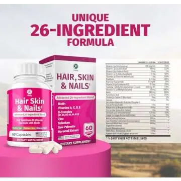 1 Body Hair Skin and Nails Vitamins with Biotin – Contains 26 Vitamins, Minerals and Herb Extracts – Hair and Nail Growth, Glowing Skin Supplements Formula for Men and Women – 60 Vegan Capsules