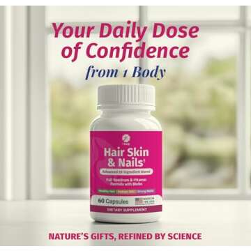 1 Body Hair Skin and Nails Vitamins with Biotin – Contains 26 Vitamins, Minerals and Herb Extracts – Hair and Nail Growth, Glowing Skin Supplements Formula for Men and Women – 60 Vegan Capsules