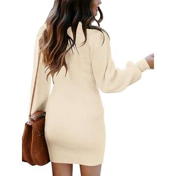 ANRABESS Women Long Sleeve Turtle Mock Neck Rib Knit Stretch Slim Fitted Bodycon Sweater Mini Short Dress 2024 Fall Outfits Beige X-Large