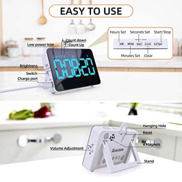 Rechargeable Digital Kitchen Timer for Cooking, Magnetic Timers with Countdown/up, Kids Timer with 5”LED Display 3 Brightness 4 Volume Adjustable for Classroom/Office/Home/Work/Fitness/Game（Blue）