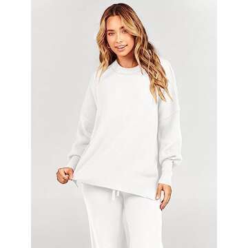 ANRABESS Women 2 Piece Outfits Oversized Chunky Knit Sweater Top Wide Leg Pants 2024 Fall Lounge Set Trendy Cozy Clothes White Large