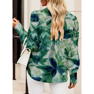 EVALESS Plus Size Tops for Women Business Casual Fall Country Concert Outfits Boho Clothes Fashion Floral Long Sleeve Blouses Green Button Down Shirts Sexy V Neck Ladies Tops and Blouses, XX-Large