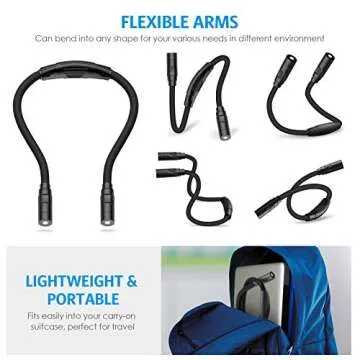 AMIR Upgraded LED Neck Reading Light, Book Light for Reading in Bed, 3 Colors, Brightness Adjustable, Bendable Arms, Rechargeable, Perfect for Reading, Knitting, Camping, Repairing (Black)
