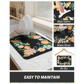 AMOAMI Coffee Mat Hide Stain Rubber Backed Absorbent Dish Drying Mat for Kitchen Counter - Bar Accessories Fit Under Coffee Maker, Espresso Machine, Dish Rack - Floral Black 12x19
