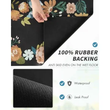 AMOAMI Coffee Mat Hide Stain Rubber Backed Absorbent Dish Drying Mat for Kitchen Counter - Bar Accessories Fit Under Coffee Maker, Espresso Machine, Dish Rack - Floral Black 12x19