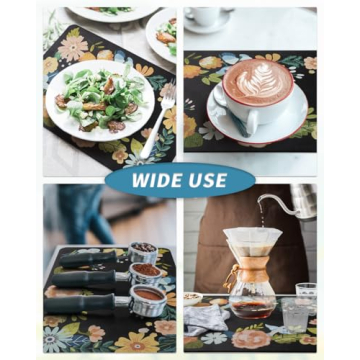 AMOAMI Coffee Mat Hide Stain Rubber Backed Absorbent Dish Drying Mat for Kitchen Counter - Bar Accessories Fit Under Coffee Maker, Espresso Machine, Dish Rack - Floral Black 12x19