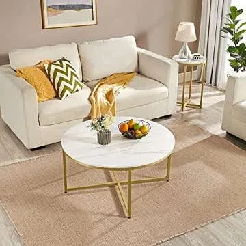 Yaheetech Round Coffee Table Set of 3Pcs for Living Room, Marble Coffee Table and 2Pcs Side Tables with Sturdy Metal Legs for Office Apartment, Modern Furniture, Mustard Gold