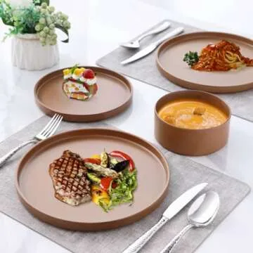 LERATIO Ceramic Dinnerware Sets for 4, High Edge Stoneware Plates and Bowls Set, Chip and Crack Resistant | Oven & Dishwasher & Microwave Safe Dishes Set, Service for 4 -Caramel