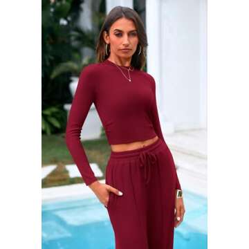PRETTYGARDEN Women's 2 Piece Loungewear Long Sleeve Crop Top Wide Leg Palazzo Pants Set Tracksuits Casual Outfit (Wine Red,X-Large)