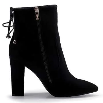 IDIFU Women's Dress Pointed Toe Short Boots Chunky High Heels Side Zipper Ankle Booties(9, Black Suede Tie)