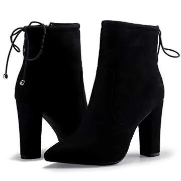 IDIFU Women's Dress Pointed Toe Short Boots Chunky High Heels Side Zipper Ankle Booties(9, Black Suede Tie)