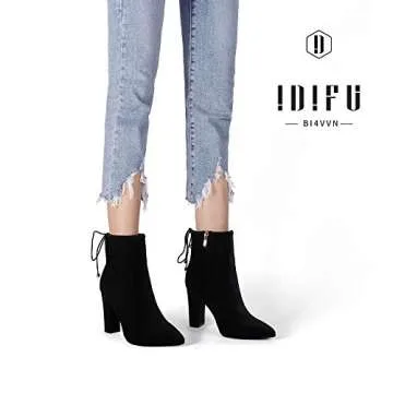 IDIFU Women's Dress Pointed Toe Short Boots Chunky High Heels Side Zipper Ankle Booties(9, Black Suede Tie)