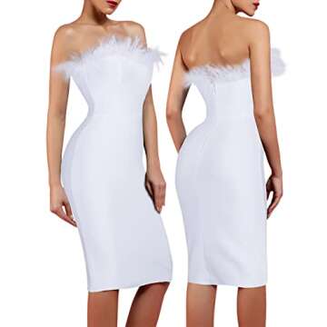whoinshop Women's Sexy Off Shoulder Feather Bandage Evening Club Party Dress White