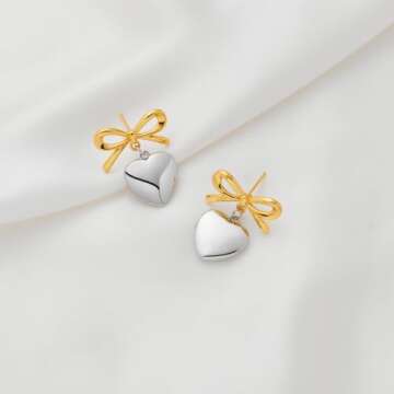 CLASSYZINT Bow Earring for Women, Vintage Gold Bow Silver Heart Drop Earrings for Women | Gold Ribbo...