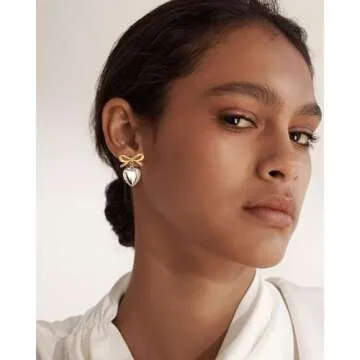 CLASSYZINT Bow Earring for Women, Vintage Gold Bow Silver Heart Drop Earrings for Women | Gold Ribbon Earrings | Christmas Bow Earrings | Heart Earrings for Women
