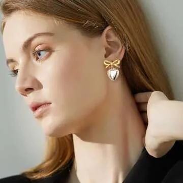 CLASSYZINT Bow Earring for Women, Vintage Gold Bow Silver Heart Drop Earrings for Women | Gold Ribbon Earrings | Christmas Bow Earrings | Heart Earrings for Women