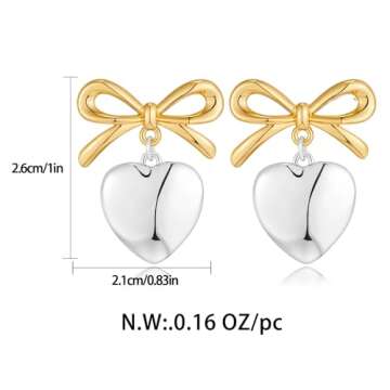 CLASSYZINT Bow Earring for Women, Vintage Gold Bow Silver Heart Drop Earrings for Women | Gold Ribbon Earrings | Christmas Bow Earrings | Heart Earrings for Women