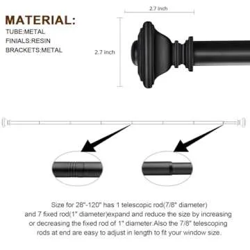 BRIOFOX BLACK Curtain Rods for Windows 66 to 120 Inch Adjustable Length 1 Inch Diameter Heavy Duty Window Curtain Rods for Indoor Ourdoors With Classic Square Finials