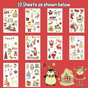 Partywind 10 Sheets Luminous Christmas Temporary Tattoos for Kids Stocking Stuffers, Christmas Party Decorations Supplies Favors for Birthday, Xmas Holiday Stickers Games Toys for Boys Girls