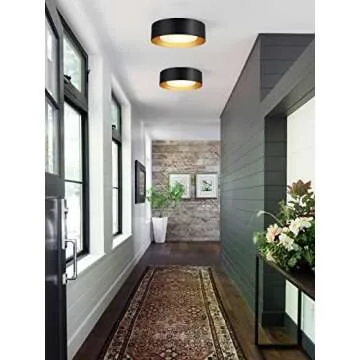 Vikaey Modern Mid Century Flush Mount Ceiling Light, Minimalist 2-Light Round Ceiling Light Fixture, Black and Gold Drum Ceiling Lamp with Glass Lampshade for Bedroom, Hallway, Kitchen, 12.5in