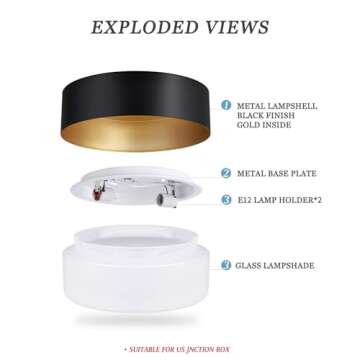 Vikaey Modern Mid Century Flush Mount Ceiling Light, Minimalist 2-Light Round Ceiling Light Fixture, Black and Gold Drum Ceiling Lamp with Glass Lampshade for Bedroom, Hallway, Kitchen, 12.5in