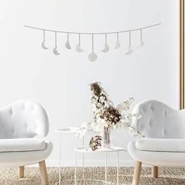 Moon and Gaia Moon Phase Wall Hanging, Silver - Unique, Lightweight Moon Phase Garland - Handmade, Hammered Metal Moon Cycle Banner - Premium Boho Wall Decor for Bedroom, Dorm, Living Room, Nursery