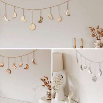 Moon and Gaia Moon Phase Wall Hanging, Silver - Unique, Lightweight Moon Phase Garland - Handmade, Hammered Metal Moon Cycle Banner - Premium Boho Wall Decor for Bedroom, Dorm, Living Room, Nursery