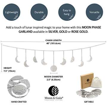 Moon and Gaia Moon Phase Wall Hanging, Silver - Unique, Lightweight Moon Phase Garland - Handmade, Hammered Metal Moon Cycle Banner - Premium Boho Wall Decor for Bedroom, Dorm, Living Room, Nursery
