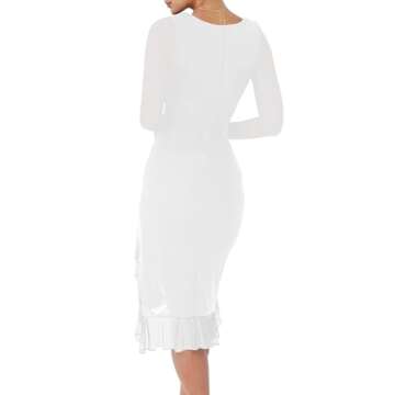 BORIFLORS Women's Sexy Ruched Bodycon Midi Dresses Elegant Mesh Long Sleeve Square Neck Ruffle Hem C...