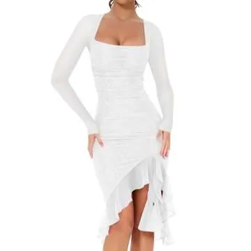 BORIFLORS Women's Sexy Ruched Bodycon Midi Dresses Elegant Mesh Long Sleeve Square Neck Ruffle Hem Cocktail Party Dress, X-Small, White