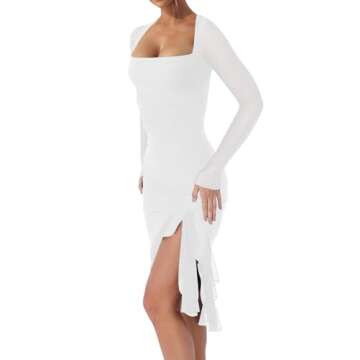 BORIFLORS Women's Sexy Ruched Bodycon Midi Dresses Elegant Mesh Long Sleeve Square Neck Ruffle Hem Cocktail Party Dress, X-Small, White