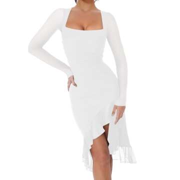 BORIFLORS Women's Sexy Ruched Bodycon Midi Dresses Elegant Mesh Long Sleeve Square Neck Ruffle Hem Cocktail Party Dress, X-Small, White