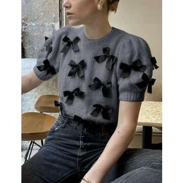 Vimida Women's Sweaters Knitted O-Neck Puff Short Sleeve Pullover Tops Casual Bow Knitwear T Shirts Blouses(Grey-L)