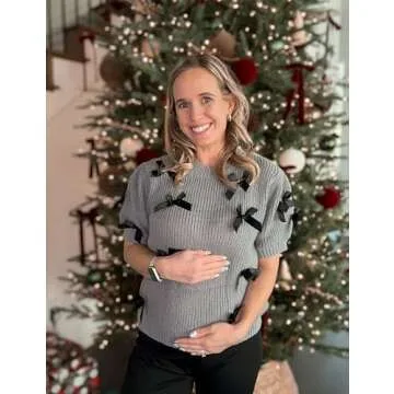 Vimida Women's Sweaters Knitted O-Neck Puff Short Sleeve Pullover Tops Casual Bow Knitwear T Shirts Blouses(Grey-L)