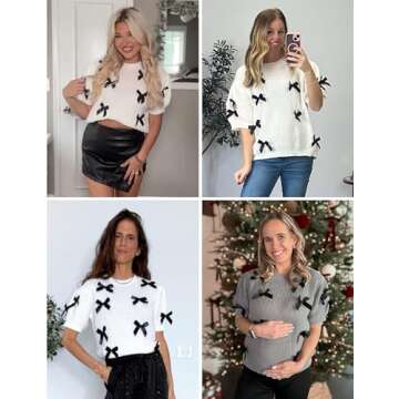 Vimida Women's Sweaters Knitted O-Neck Puff Short Sleeve Pullover Tops Casual Bow Knitwear T Shirts Blouses(Grey-L)