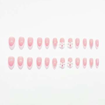 White French Tip Almond Medium Fake Nails with White Pearls Bow Designs Pink Full Cover Glue on Press On Acrylic False Glossy Stick on Nails - 24pcs