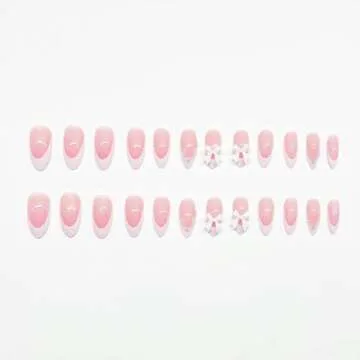 White French Tip Almond Medium Fake Nails with White Pearls Bow Designs Pink Full Cover Glue on Press On Acrylic False Glossy Stick on Nails - 24pcs
