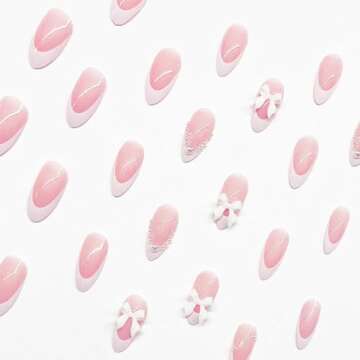White French Tip Almond Medium Fake Nails with White Pearls Bow Designs Pink Full Cover Glue on Press On Acrylic False Glossy Stick on Nails - 24pcs
